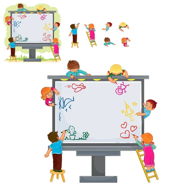 Niños felices juntos dibujan en una cartelera grande — Vector de stock