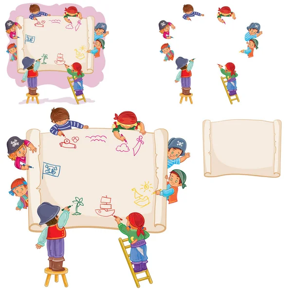 Bambini felici insieme disegnano su un grande foglio di carta — Vettoriale Stock