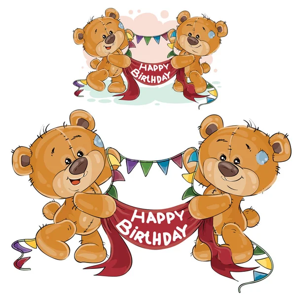 Διάνυσμα δύο καφέ αρκουδάκια κρατώντας στις πατούσες τους γιρλάντα και πανό με την επιγραφή χαρούμενα γενέθλια — Διανυσματικό Αρχείο