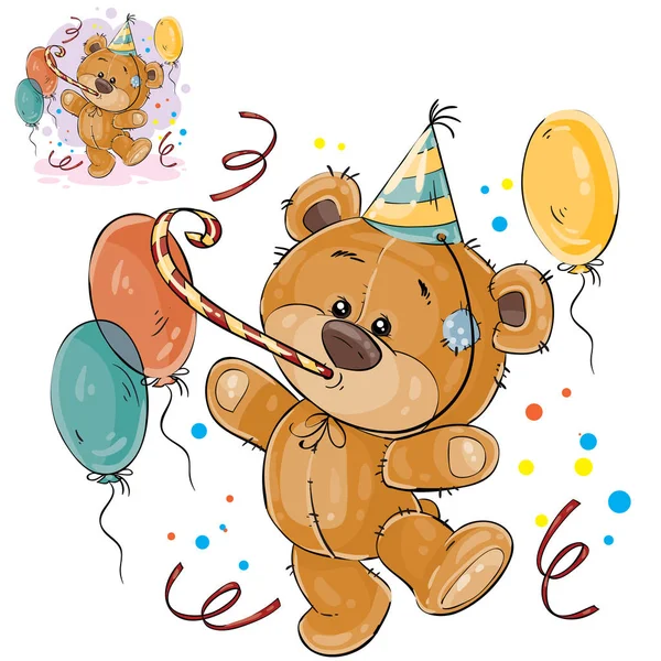 Vektorillustration av en brun nallebjörn i en kartong hatt och med en visselpipa som omges av ballonger — Stock vektor
