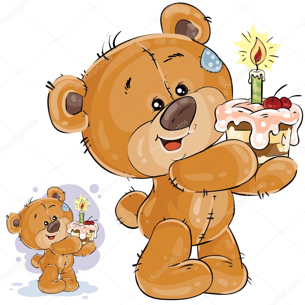 Vector illustration of a brown teddy bear holding a cake with a candle in its paws