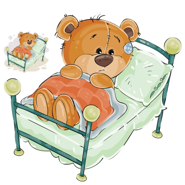 Vector ilustración de un oso de peluche marrón se pierde y se encuentra triste en la cama — Archivo Imágenes Vectoriales