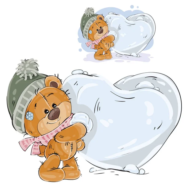 Illustrazione vettoriale di un orsacchiotto marrone fa una palla di neve a forma di cuore — Vettoriale Stock