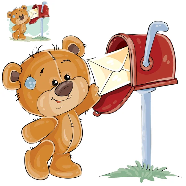 Vektor-Illustration eines braunen Teddybären nimmt aus einem Briefkasten den empfangenen Brief — Stockvektor