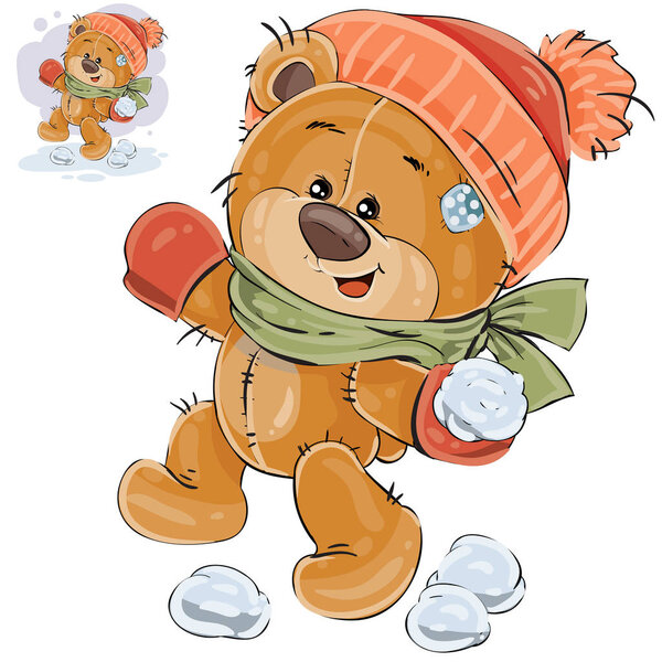 Vector illustration of a brown teddy bear throws a snowball