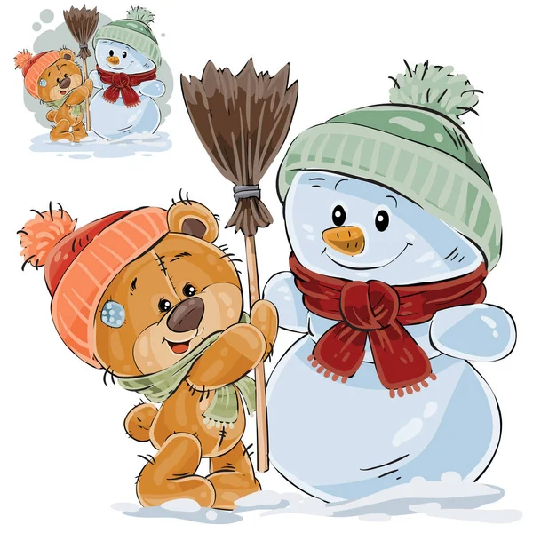 Vector illustration of a brown teddy bear makes a snowman — Stock Vector