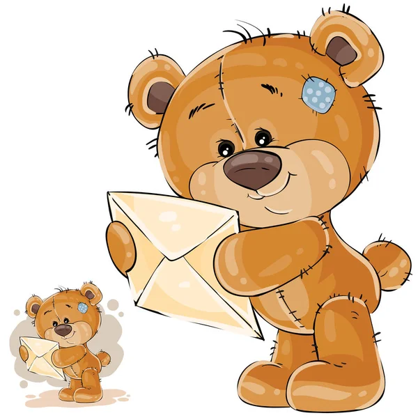 Ilustrasi vektor seekor beruang teddy coklat yang sedang memegang cakarnya menerima surat - Stok Vektor