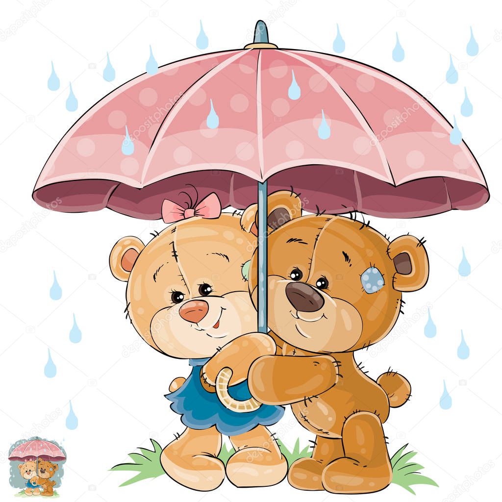 Vector illustration of two brown teddy bear boy and girl hiding from the rain under the umbrella