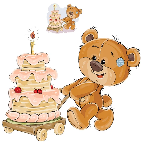 Ilustracja wektorowa brązowy Miś toczenia wózek z urodzinowy tort — Wektor stockowy