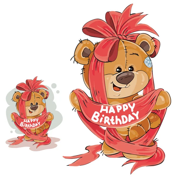 Ilustração vetorial de um urso de pelúcia marrom emaranhado em uma fita vermelha com a inscrição Feliz Aniversário —  Vetores de Stock