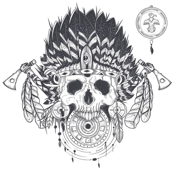 Ilustración vectorial de un cráneo humano en un sombrero de plumas indio, plantilla de tatuaje — Vector de stock