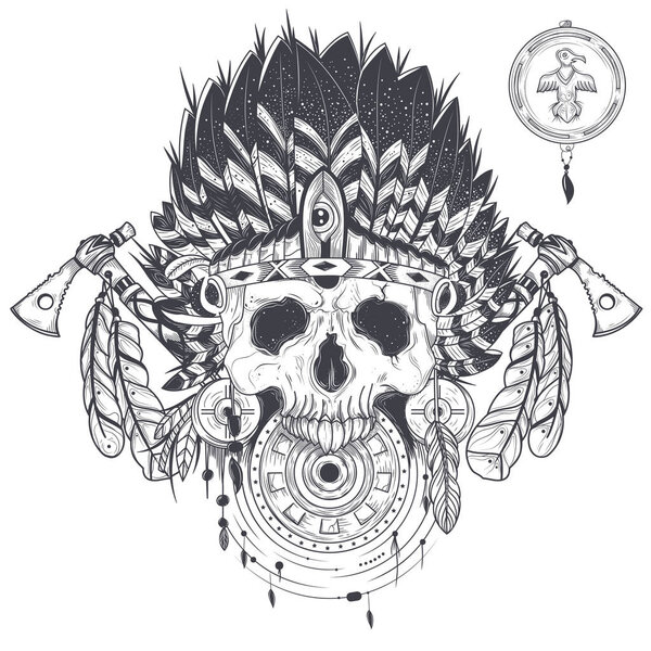 Vector illustration of a human skull in an indian feather hat, tattoo template