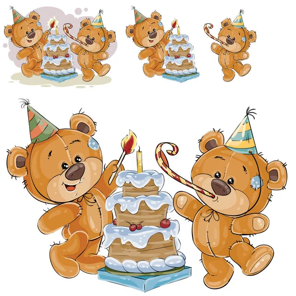 Vector illustration of two brown teddy bears in cardboard hats and with whistles light a candle on a birthday cake — Stock Vector