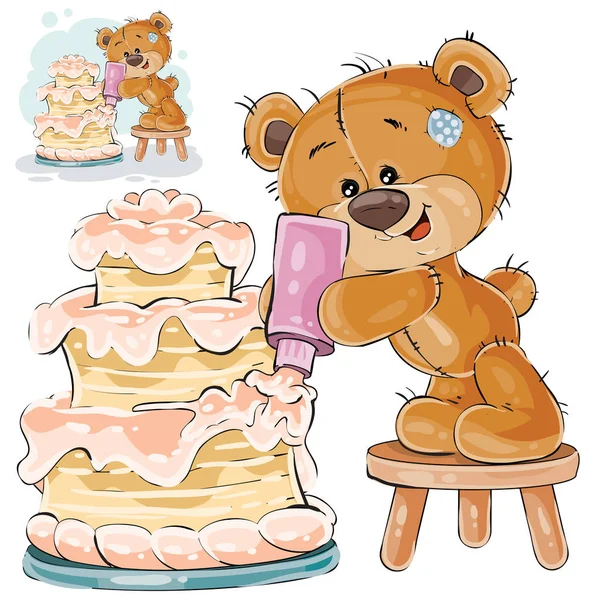 Vektor-Illustration eines braunen Teddybären macht eine Festtagstorte — Stockvektor