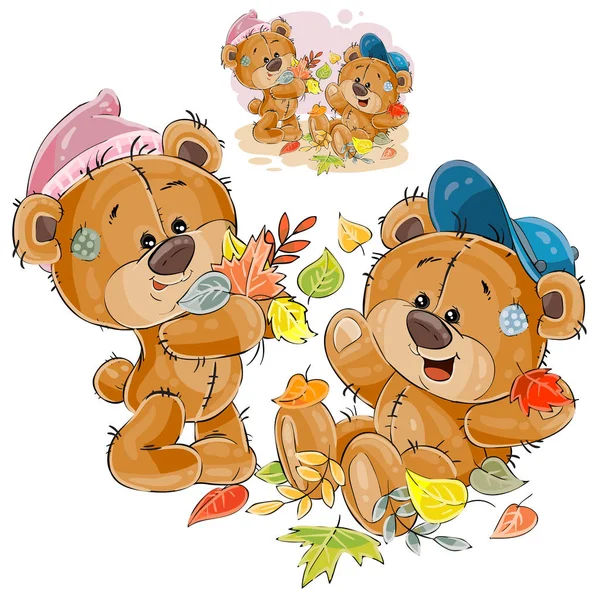 Ilustração vetorial de dois ursos de pelúcia castanhos brincando com folhas caídas — Vetor de Stock