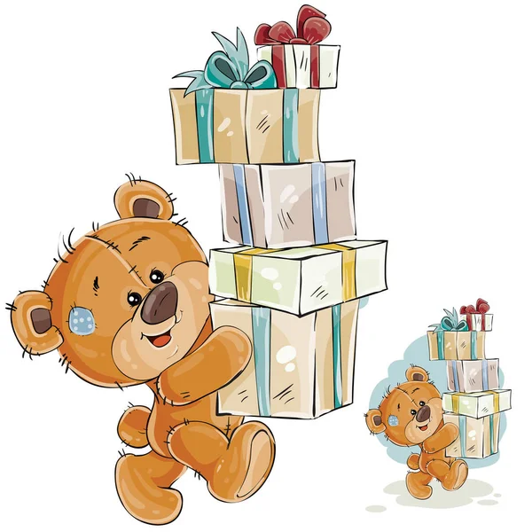 Vektor-Illustration eines braunen Teddybären trägt einen Stapel von Geschenkboxen — Stockvektor