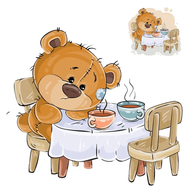 Ilustración vectorial de un osito de peluche marrón sentado en una mesa con dos tazas y faltando alguien — Vector de stock