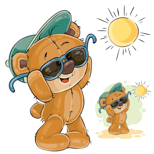 Illustrazione vettoriale di un orsacchiotto marrone con un cappello e occhiali da sole che si godono il sole splendente — Vettoriale Stock