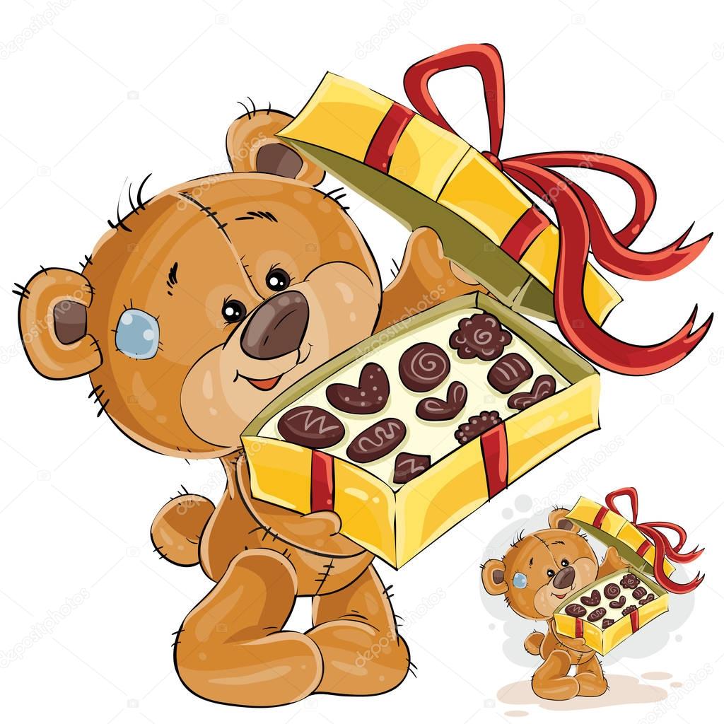 Vector illustration of a brown teddy bear treats with chocolate candies