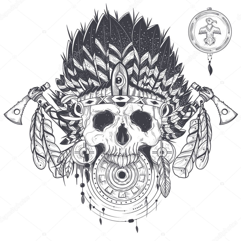 Vector illustration of a human skull in an indian feather hat, tattoo template