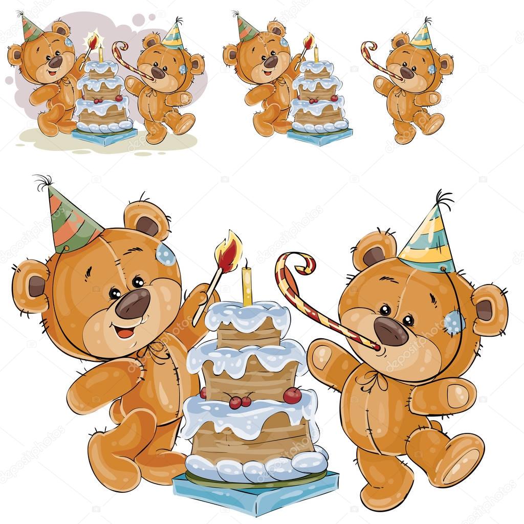 Vector illustration of two brown teddy bears in cardboard hats and with whistles light a candle on a birthday cake
