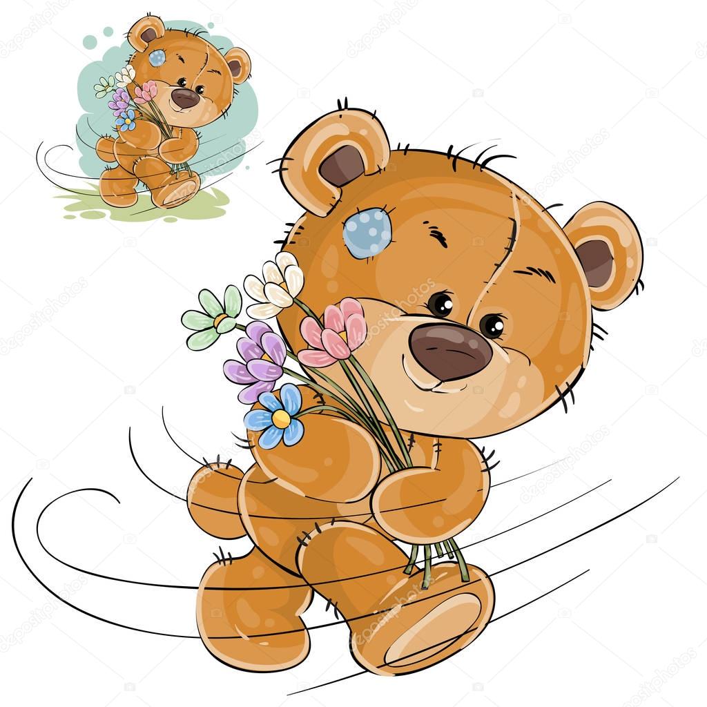 Vector illustration of a brown teddy bear carries a bouquet of flowers, hurries to congratulate