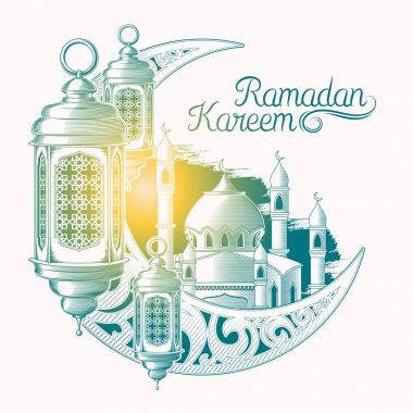 Vektör çizim Ramazan Kareem için kroki ile Ramazan fener, Camii, vintage ay üzerinde beyaz izole kuleleri
