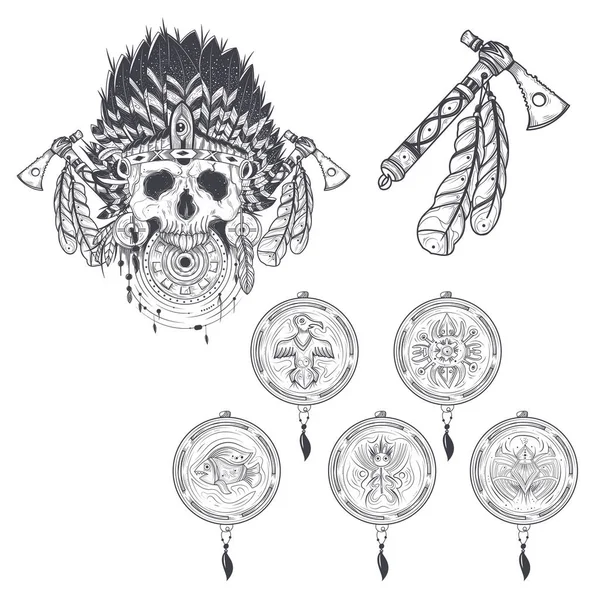 Set vector sjablonen voor een tattoo met een menselijke schedel in een Indiase feather hat, tomahawk en verschillende dream catcher — Stockvector