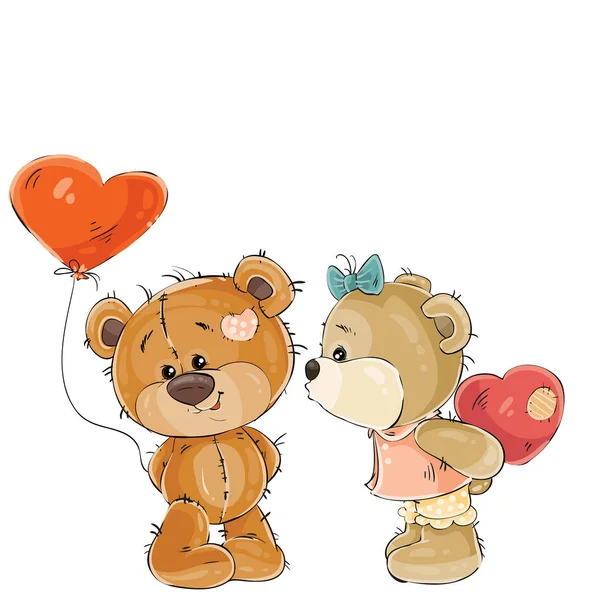 Векторний коричневий плюшевий ведмідь тримає в лапі червону кулю у формі серця, його дівчина збирається поцілувати його — стоковий вектор