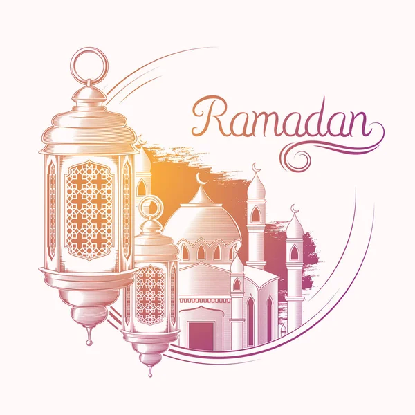 Ilustracja wektorowa dla Ramadan Kareem z szkic Ramadan latarnia, wieże Meczet na białym tle — Wektor stockowy