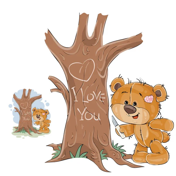 Vektor-Illustration eines liebevollen braunen Teddybären, der auf einem Baumstamm ein Herz und eine Inschrift I love you geschnitzt hat — Stockvektor