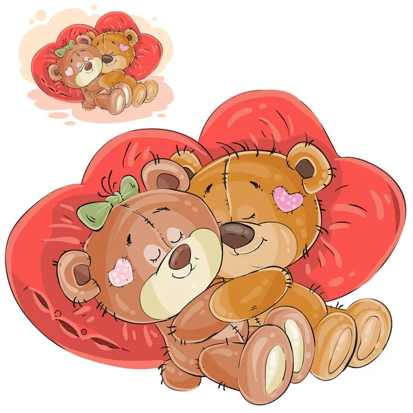 Illustrazione vettoriale di un paio di orsacchiotti marroni sdraiati abbracciati su cuscini a forma di cuore rosso — Vettoriale Stock