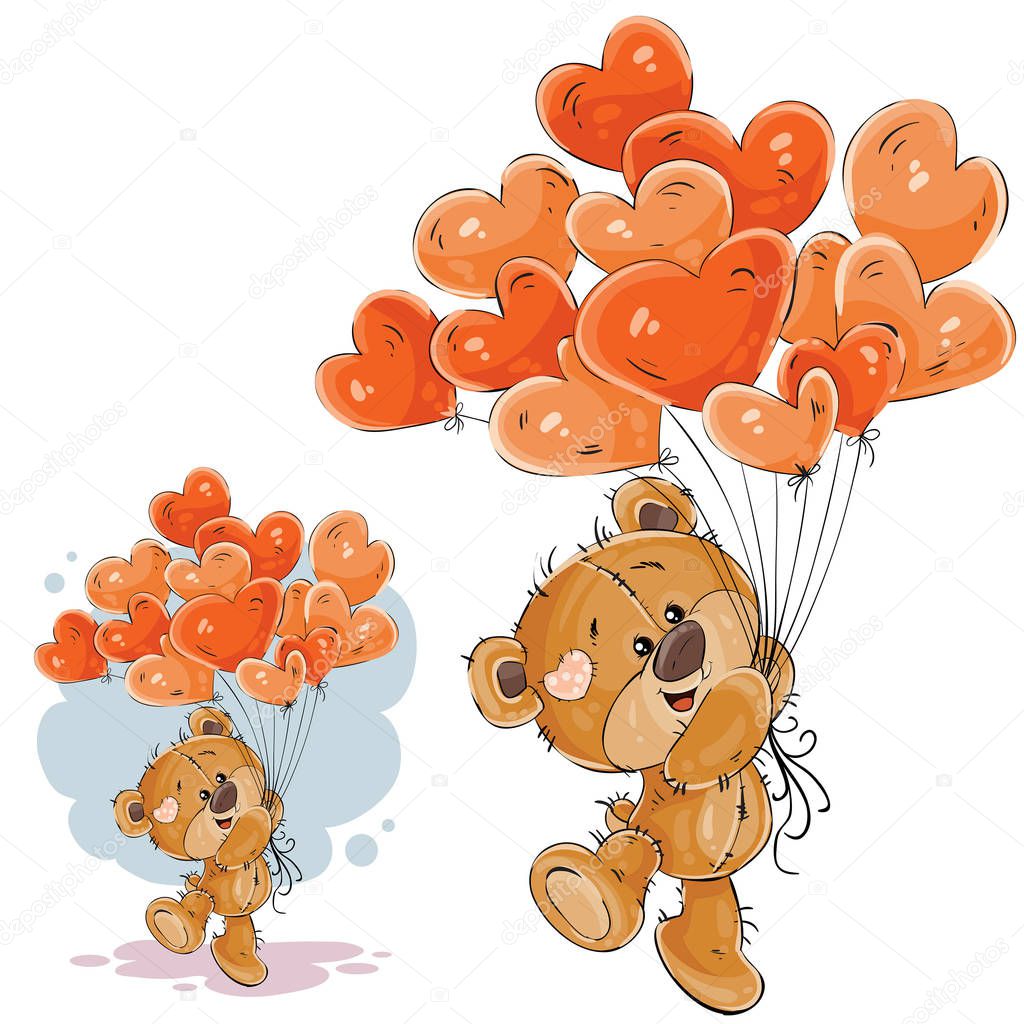Vector illustration of a brown teddy bear holding in its paw a red balloons in the shape of a heart