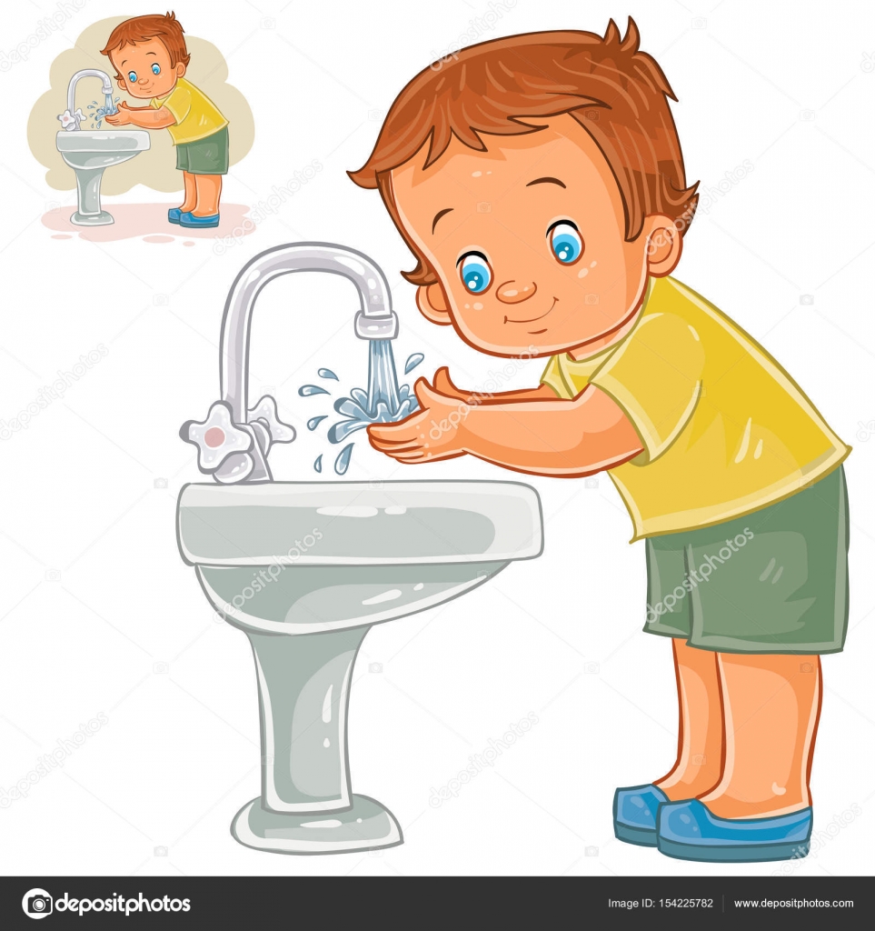 Illustrazione vettoriale di lavaggi di ragazzo un po le mani con l acqua da un rubinetto Stampa template elemento di design — Vettoriali di vectorpocket