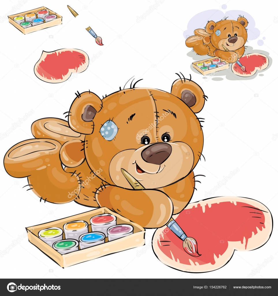 The Drawing of Cute Teddy Bear With Red Heart. Printable Art