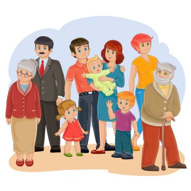Vektör mutlu aile - büyükbabası, büyük-büyükanne, büyükbaba, büyükanne, baba, anne, kızı, oğlu ve bebek