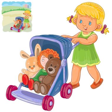Vector illustration of a little girl rolls the stroller with her toys clipart