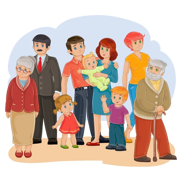 Vector familia feliz bisabuelo, bisabuela, abuelo, abuela, papá, mamá, hija, hijo y bebé — Vector de stock