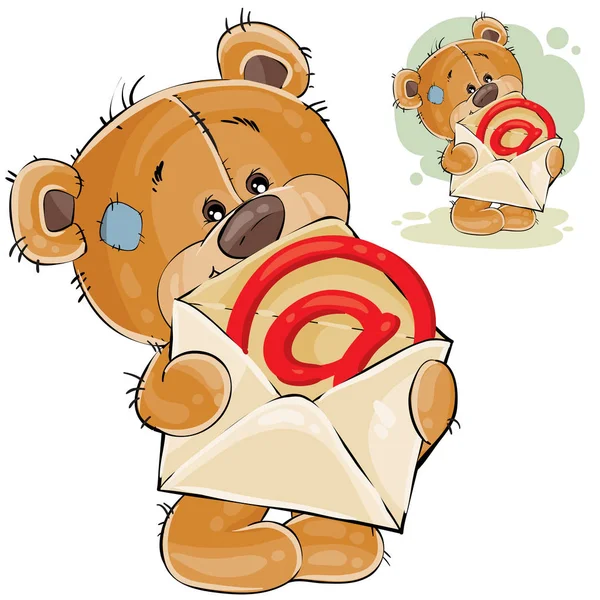 Illustrazione vettoriale di un orsacchiotto bruno che tiene tra le zampe una busta postale aperta con un segno di posta elettronica — Vettoriale Stock