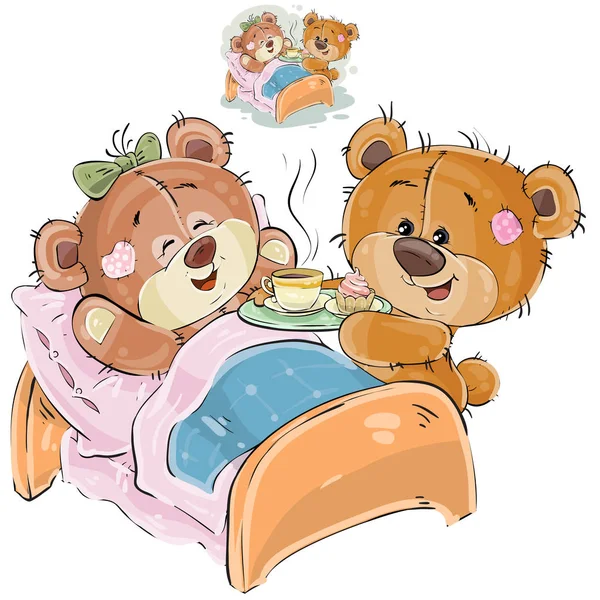 Ilustração vetorial de um urso de pelúcia marrom amoroso trouxe uma bandeja com café da manhã e sua namorada deitada na cama — Vetor de Stock