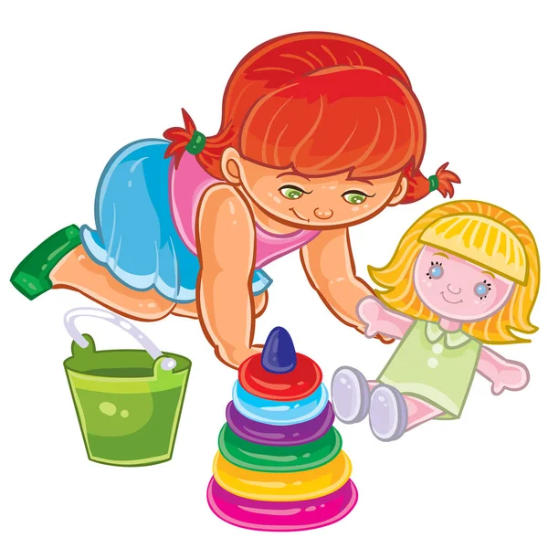 Little girl sitting on the floor and playing with doll — Stock Vector