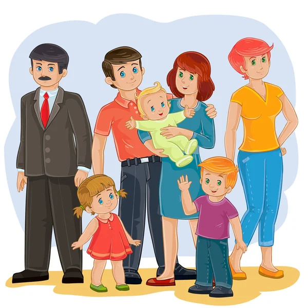 Vetor família feliz - avô, avó, pai, mãe, filha, filho e bebê —  Vetores de Stock