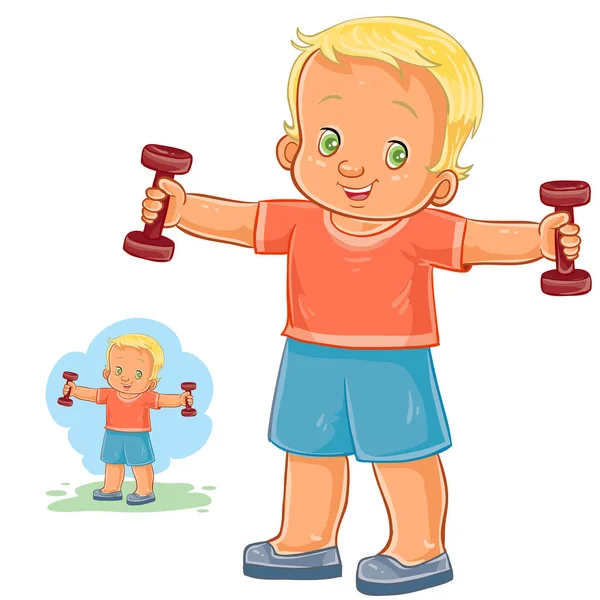 Vektor anak kecil melakukan latihan pagi dengan dumbbells - Stok Vektor