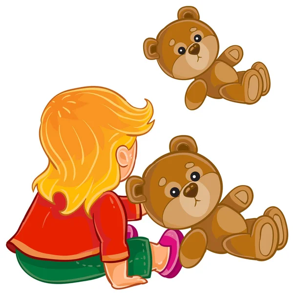 Klein kind zittend op de vloer spelen met teddybeer — Stockvector
