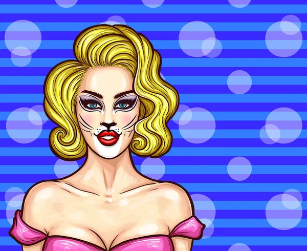 Vector pop arte hermosa mujer rubia con gato maquillaje — Vector de stock