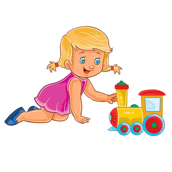 Vector niña arrastrándose de rodillas y jugando con una locomotora de vapor — Vector de stock
