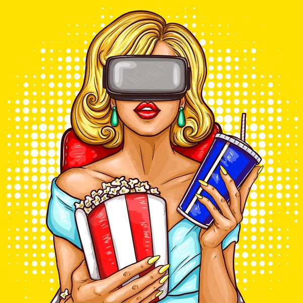 Kobieta sztuka wektor oglądania filmu z okulary wirtualnej rzeczywistości. — Wektor stockowy