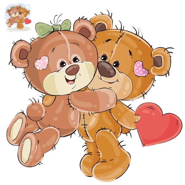 Vector amoroso urso de pelúcia marrom se esconde atrás de suas costas um valentine, e sua namorada o abraça pelo pescoço — Vetor de Stock