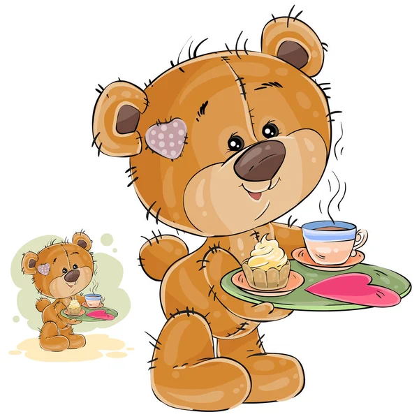 Vektor-Illustration eines liebenden braunen Teddybären, der ein Tablett mit Frühstück und einem darauf liegenden Valentin trägt — Stockvektor