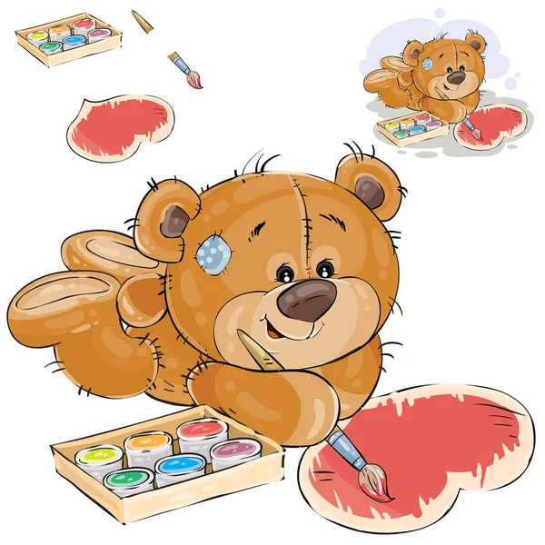 Ilustração vetorial de um ursinho de pelúcia marrom pinta um coração com uma escova e uma tinta vermelha — Vetor de Stock